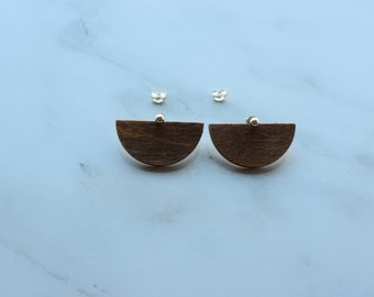 Minimal silver stud earrings with wooden pad, elegant earrings, unique earrings with wooden pad 2 in 1