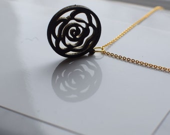 Rose Necklace, Gold and black wooden necklace, charm pendant, double sides, two colors in one
