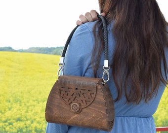 Wooden bag, wooden clutch, chocolate bag, with leather strap, vintage bag, artistic bag