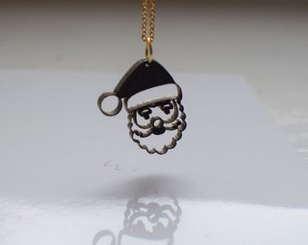 Santa claus pendant, charm pendant, xmas jewelry, santa necklace, wooden necklace, two colours necklace black and gold