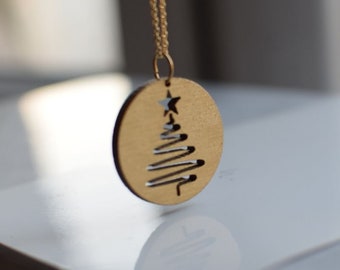 Christmas necklace, christmas tree necklace, elegant pendant, wooden necklace, gift for her, with love 2in1 gold and black