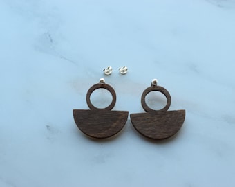 Silver minimal earrings with wooden pads, wooden earrings 2 in 1 unique gift idea, unique gift for her