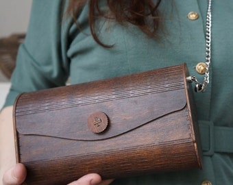 Elegant wooden bag, clutch, perfect gift idea , with silver chain, birthday gift