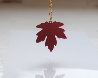 Leaf necklace, delicate pendant, autumn necklace, red leather necklace, gift for her, elegant gift idea