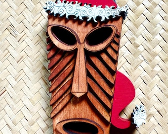 Wooden Tiki Monster Santa Ornament