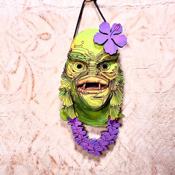 Hawaiian Creature of The Black Lagoon  with Lei Ornament  Hand painted