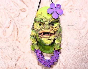 Hawaiian Creature of The Black Lagoon  with Lei Ornament  Hand painted