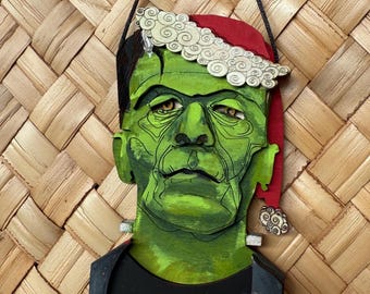 Santa Frankenstein Wooden Ornament- Hand Painted