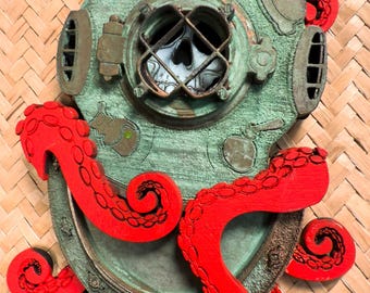 Red Octopus Diver Helmet Skull Ornament - 6.25" tall