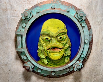 Creature of The Black Lagoon in Porthole 17.5" x 17,5" Hand painted