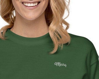 Merry Embroidered Crewneck Sweatshirt, Subtle Christmas Sweatshirt, Cute Holiday Sweater for Mom, Merry Christmas Casual Outfit Idea