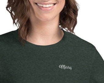 Green Merry Embroidered Crewneck Tee, Subtle Christmas Shirt, Cute Holiday Top for Mom, Merry Christmas Casual Outfit Idea