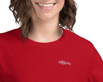 Red Merry Embroidered Crewneck Tee, Subtle Christmas Shirt, Cute Holiday Top for Mom, Merry Christmas Casual Outfit Idea