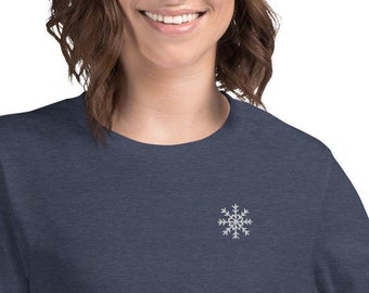 White Snowflake Embroidered Crewneck Tee, Subtle Christmas Shirt, Cute Holiday Top for Mom, Merry Christmas Casual Outfit Idea, Winter Blue