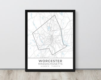 Framed Cartography Map of Worcester Massachusetts, Wormtown Housewarming Gift for Newlyweds, Bay State Office Wall Art Decor Christmas Swap