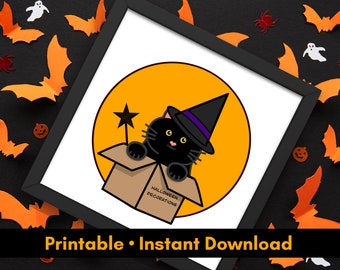 Cute Black Cat Halloween Poster Printable, Fun Halloween Gallery Wall Art Gift for Cat Lover, Cat in Clothes Decor for Classroom, Costume
