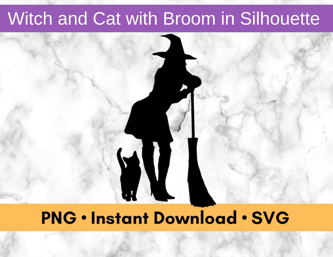 Modern Witch and Cat Flying With Broom Silhouette PNG and SVG Files ...