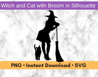 Modern Witch and Cat Flying with Broom Silhouette PNG and SVG Files, Printable Cut Files, Digital Halloween Vector Assets for Graphic Design