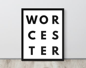 Worcester Typography Framed Print, Housewarming Massachusetts Word Art for Gallery Wall, Modern Office Decor, Retirement Gift for Friend