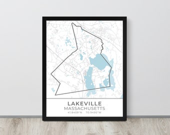 Framed Cartography Map of Lakeville Massachusetts, Housewarming Gift for Newlyweds, Bay State Office Wall Art Decor, Christmas Exchange