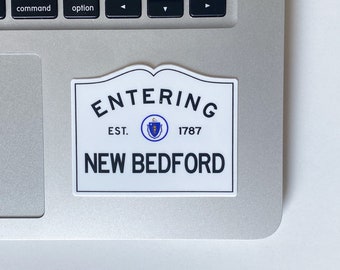 Entering New Bedford Sticker, New Beige, Massachusetts Town Sign Sticker