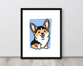 Framed Tricolor Corgi Poster, Housewarming Gift for Corgi Lover, Pembroke Welsh Corgi Gift for Friend, Fawn Corgi Stuff, Office Decor