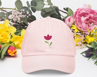 Pastel Pink Tulip Embroidered Hat, Feminine Ball Cap, Easter Gift for Wife, Floral Accessories Gift for Gardener, Casual Spring Outfit