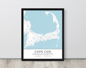 Framed Cartography Map of Cape Cod Massachusetts, Housewarming Gift for Newlyweds, Bay State Office Wall Art Decor, Christmas Exchange
