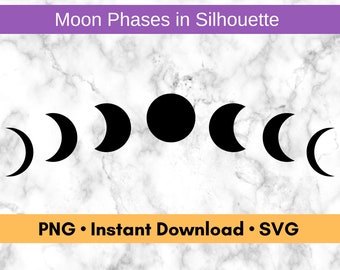 Moon Phases in Silhouette PNG and SVG Files, Printable Cut Files,Digital Halloween Assets for Graphic Design