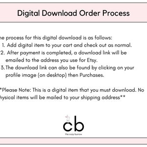 Pode incluir: Um fundo branco com texto rosa que descreve o processo de pedido de download digital para Etsy. O texto explica como adicionar um item digital ao seu carrinho, fazer o checkout e baixar o item. O texto tamb&eacute;m inclui uma nota que indica que este &eacute; um item digital e que nenhum item f&iacute;sico ser&aacute; enviado.