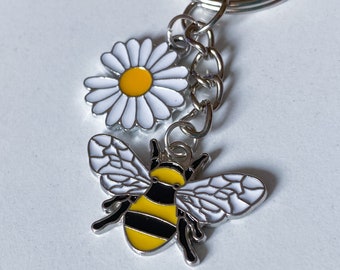 Bee Keychain, Daisy Key Ring, Save the Bees, Pollinator, Mom Gift, Sister Gift, Best Friend, Just Because,  Stuffer, Silver Tone