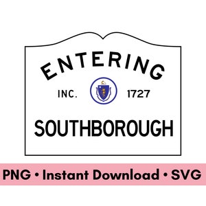 Pode incluir: Um sinal preto e branco com o texto "ENTERING INC. 1727 SOUTHBOROUGH" e um selo azul e branco com uma pessoa em p&eacute; sobre uma estrela.