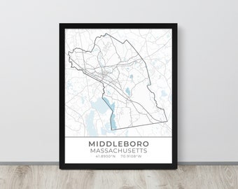 Framed Cartography Map of Middleboro Massachusetts, Housewarming Gift for Newlyweds, Bay State Office Wall Art Decor, Christmas Exchange