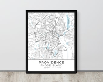Framed Cartography Map of Providence Massachusetts, PVD Housewarming Gift for Newlyweds, Rhody Office Wall Art Decor, Ocean State Christmas