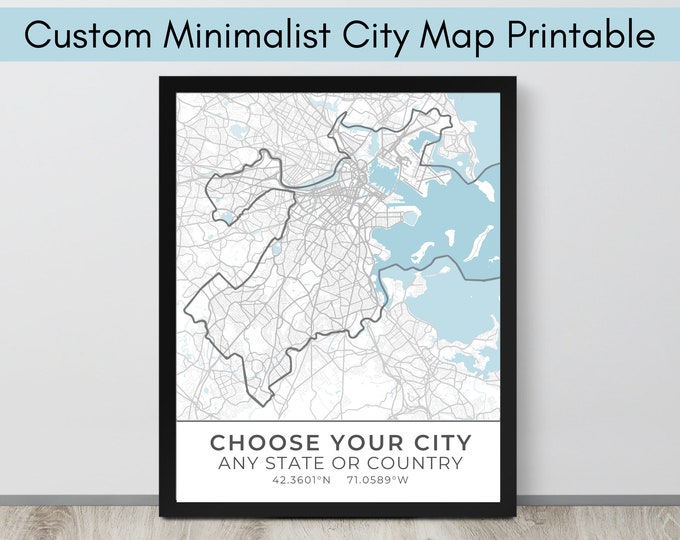 Featured listing image: Custom Cartography Map of My City Printable, Any City Print Map Art, Minimalist Decor for Gallery Wall Decor, Housewarming Gift for Newlywed