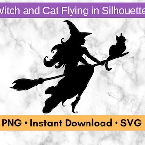 May include: A black silhouette of a witch flying on a broomstick with a black cat perched on the handle. The witch has long hair and is wearing a pointed hat.