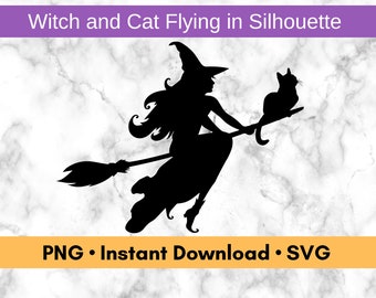 Modern Witch and Cat Flying on Broom Silhouette PNG and SVG Files, Printable Cut Files, Digital Halloween Vector Assets for Graphic Design