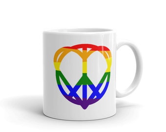 Rainbow Pride Flag Mug, Subtle Pride Month Gift for Friend, LGBT Coming Out Gift for Friend, Low Key Pride Gift for Them, Peace Sign Heart