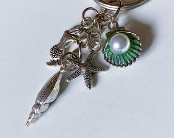 Mermaid Keychain, Sea Life Key Ring, Nautical, Ocean Life, Starfish, Mom Gift, Sister Gift, Stocking Stuffer Filler, Silver Tone