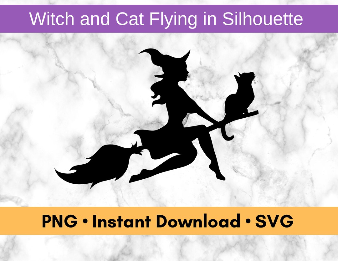 Modern Witch and Cat Flying on Broom Silhouette PNG and SVG Files ...