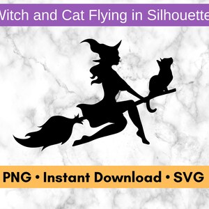 May include: Silhouette of a witch flying on a broomstick with a black cat perched on the handle. The witch is wearing a pointed hat and a long dress.