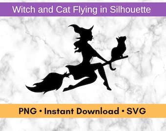 Modern Witch and Cat Flying on Broom Silhouette PNG and SVG Files, Printable Cut Files, Digital Halloween Vector Assets for Graphic Design