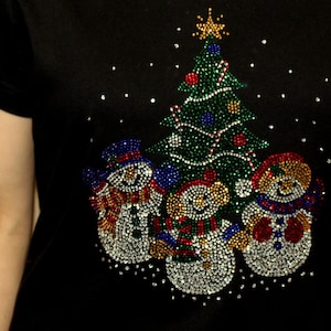 Rhinestone Snowman Family Christmas Tree Holiday Shirt Bling Ladies V-neck T shirt