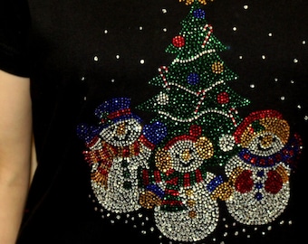 Rhinestone Snowman Family Christmas Tree Holiday Shirt Bling Ladies V-neck T shirt