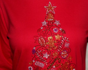Rhinestone Whimsical Christmas Tree Holiday Shirt Gingerbread Candycane Ornaments Bling Ladies Longsleeve Long Sleeve T shirt