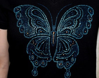 Large Rhinestone Aqua Turquoise Butterfly Womens Ladies Bling V-Neck