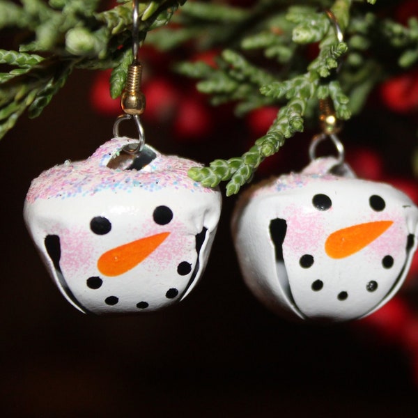 Snowman Jingle Bell Christmas Holiday Earrings Glittered and Bling