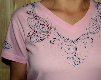 Rhinestone Butterfly Aqua & Pink Swirl ,Ladies Tee,Bling T-Shirt,Mother's Day Gift,Mom, Nana Gift, Gift for Mom, gift for Her, Birthday Gift