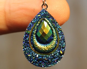 Bling Peacock Colored Teardrop Resin Iridescent Earrings