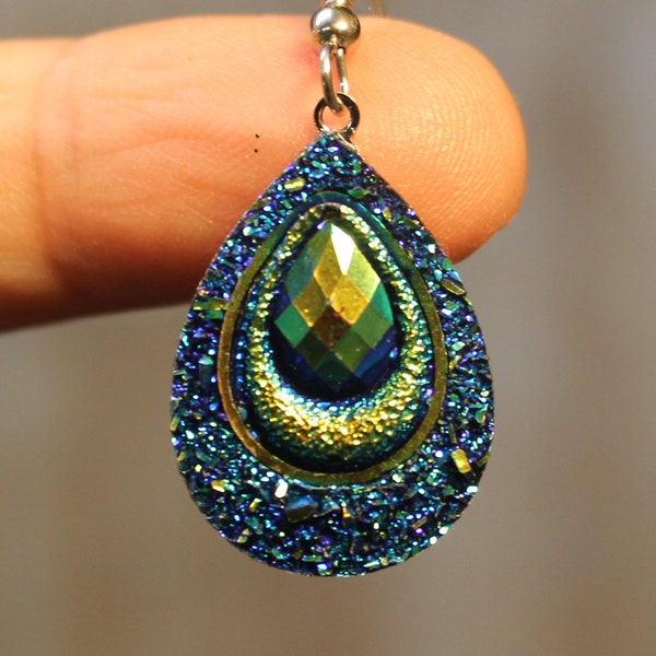 Bling Peacock Colored Teardrop Resin Iridescent Earrings